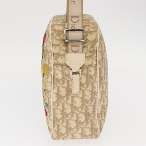 Christian Dior Trotter Canvas Flower Shoulder Bag PVC Beige Silver Auth am10236