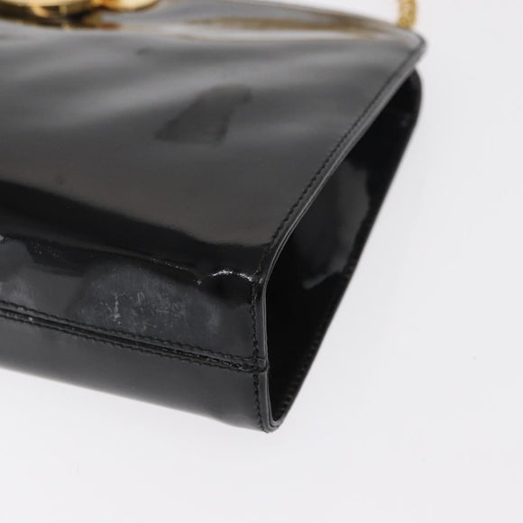 Salvatore Ferragamo Chain Gancini Shoulder Bag Enamel Black Gold Auth am10237