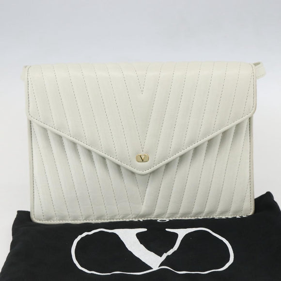 VALENTINO V stitch Shoulder Bag Leather White Gold Auth am10239