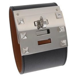 HERMES Kelly Dog Bangle Bracelet Leather Size S Black Silver Auth am10243V