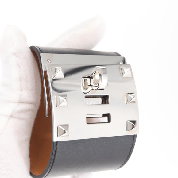 HERMES Kelly Dog Bangle Bracelet Leather Size S Black Silver Auth am10243V