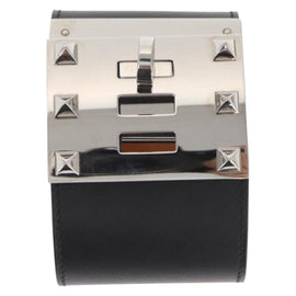 HERMES Kelly Dog Bangle Bracelet Leather Size S Black Silver Auth am10243V - 0