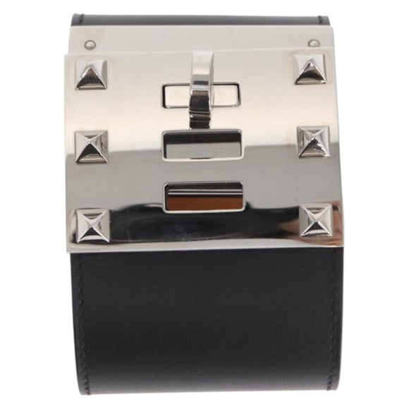 HERMES Kelly Dog Bangle Bracelet Leather Size S Black Silver Auth am10243V