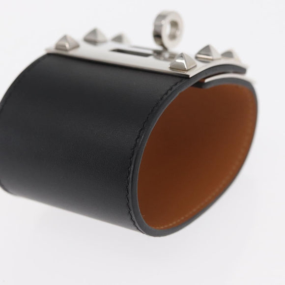 HERMES Kelly Dog Bangle Bracelet Leather Size S Black Silver Auth am10243V