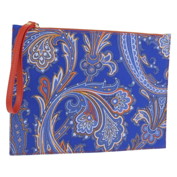 ETRO Paisley Clutch Bag Canvas Leather Blue Gold Auth am10247V