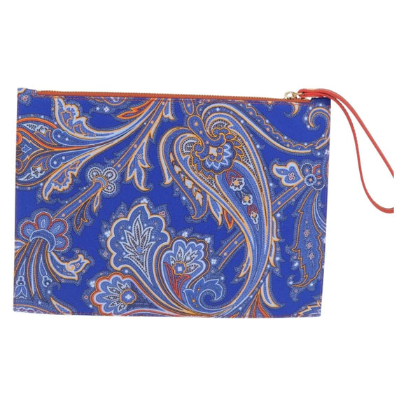 ETRO Paisley Clutch Bag Canvas Leather Blue Gold Auth am10247V