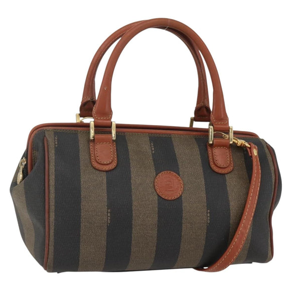 FENDI Pecan Canvas Mini Boston Bag PVC 2way Black Brown gold Auth am10249V