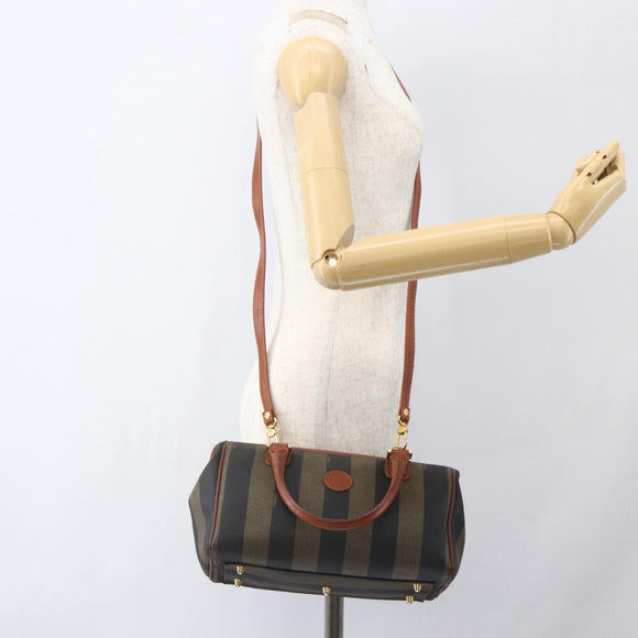 FENDI Pecan Canvas Mini Boston Bag PVC 2way Black Brown gold Auth am10249V
