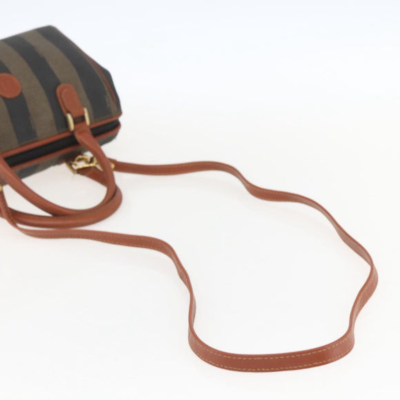 FENDI Pecan Canvas Mini Boston Bag PVC 2way Black Brown gold Auth am10249V
