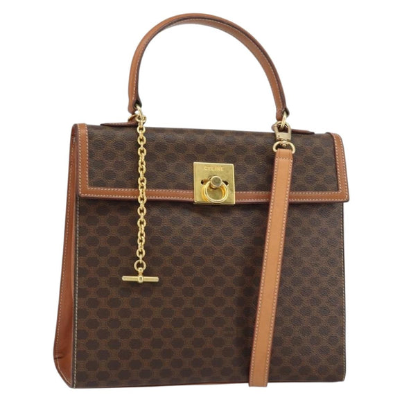 CELINE Macadam Canvas Hand Bag PVC Leather 2way Brown Gold Auth am10255V