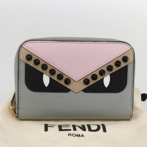 FENDI Coin Purse Leather Gray Gold Auth am10262V