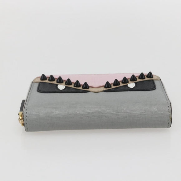 FENDI Coin Purse Leather Gray Gold Auth am10262V