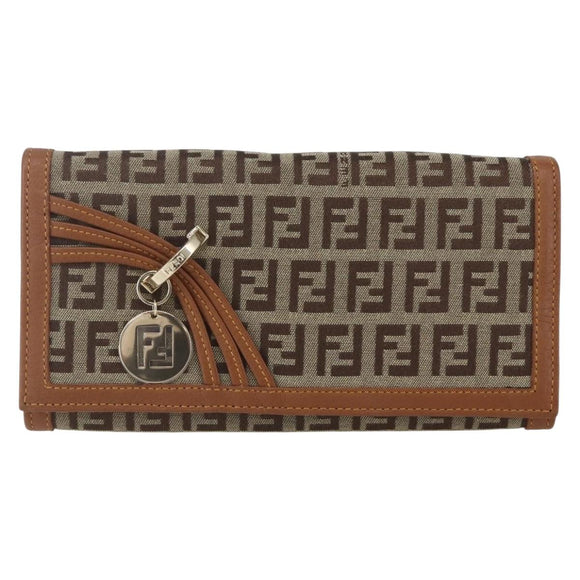 FENDI Zucchino Canvas Long Wallet Brown Gold Auth am10296V
