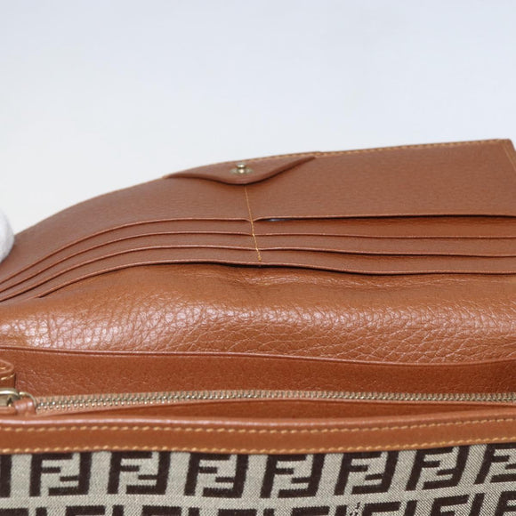 FENDI Zucchino Canvas Long Wallet Brown Gold Auth am10296V