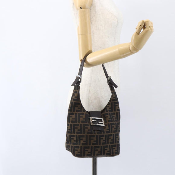 FENDI Zucca Canvas Hand Bag Black Brown Silver Auth am10298