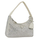 PRADA Rhinestone Hand Bag Satin White Silver Auth am10329V-1