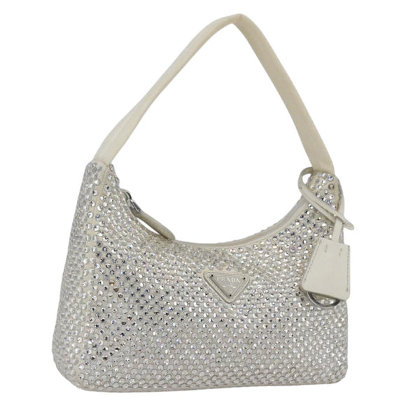 PRADA Rhinestone Hand Bag Satin White Silver Auth am10329V