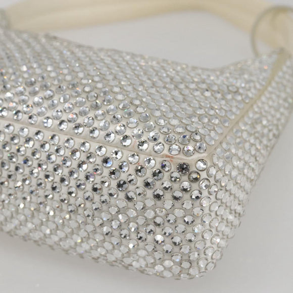 PRADA Rhinestone Hand Bag Satin White Silver Auth am10329V
