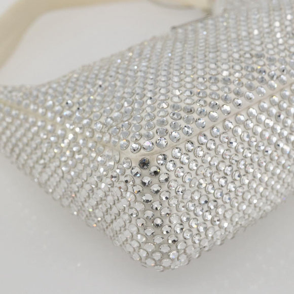 PRADA Rhinestone Hand Bag Satin White Silver Auth am10329V
