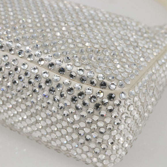 PRADA Rhinestone Hand Bag Satin White Silver Auth am10329V