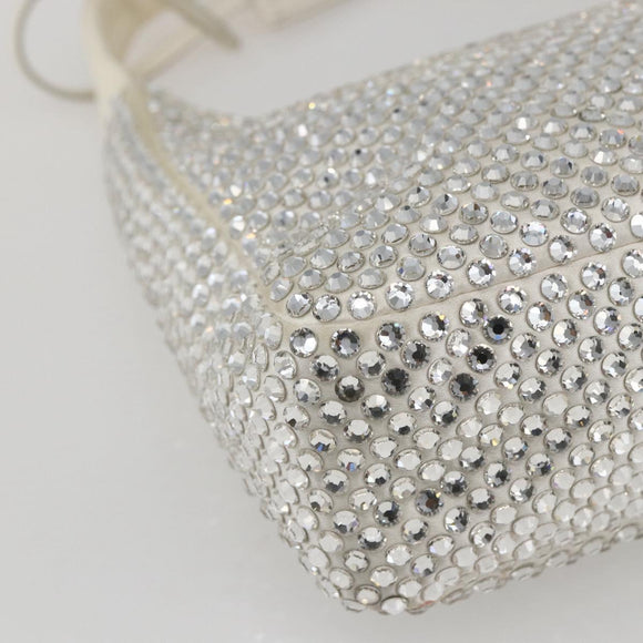 PRADA Rhinestone Hand Bag Satin White Silver Auth am10329V