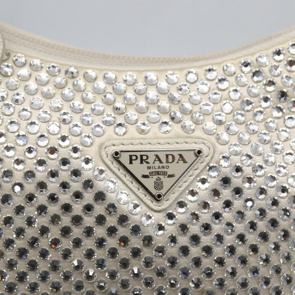 PRADA Rhinestone Hand Bag Satin White Silver Auth am10329V