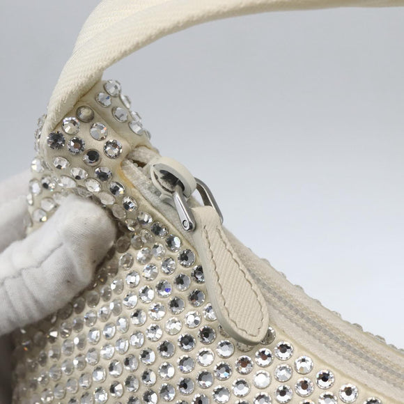 PRADA Rhinestone Hand Bag Satin White Silver Auth am10329V