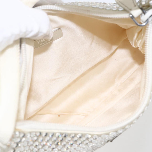 PRADA Rhinestone Hand Bag Satin White Silver Auth am10329V