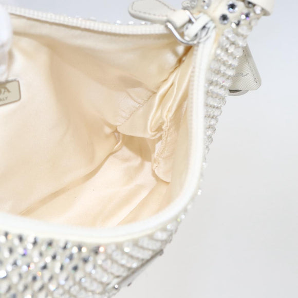 PRADA Rhinestone Hand Bag Satin White Silver Auth am10329V