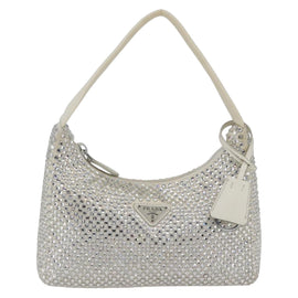 PRADA Rhinestone Hand Bag Satin White Silver Auth am10329V - 0