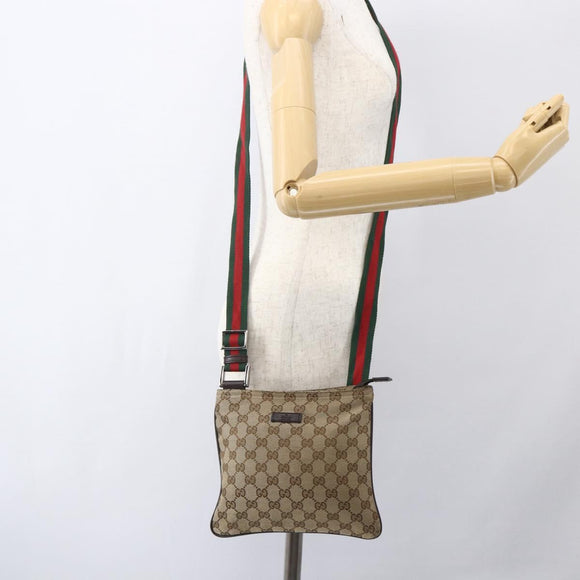 GUCCI GG Canvas Web Sherry Line Shoulder Bag Beige Silver 146309 Auth am10337