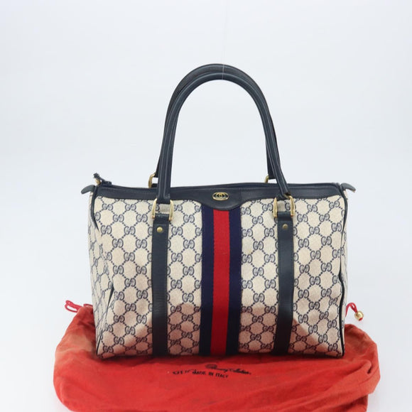 GUCCI GG Supreme Sherry Line Mini Boston Bag PVC Navy Gold Auth am10364