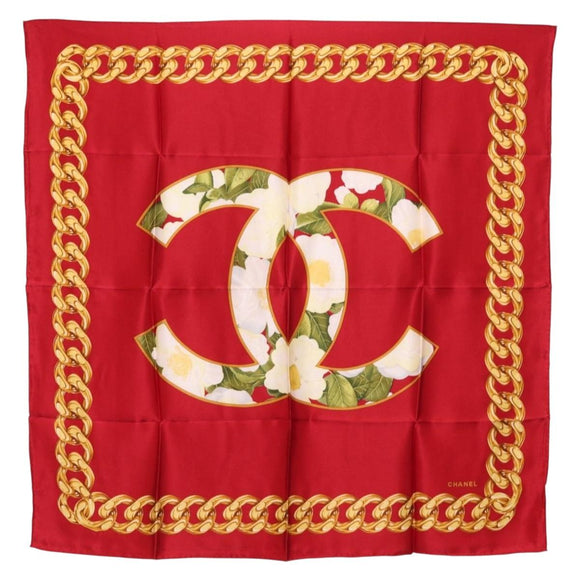 CHANEL Scarf Silk Red CC Auth am10367V
