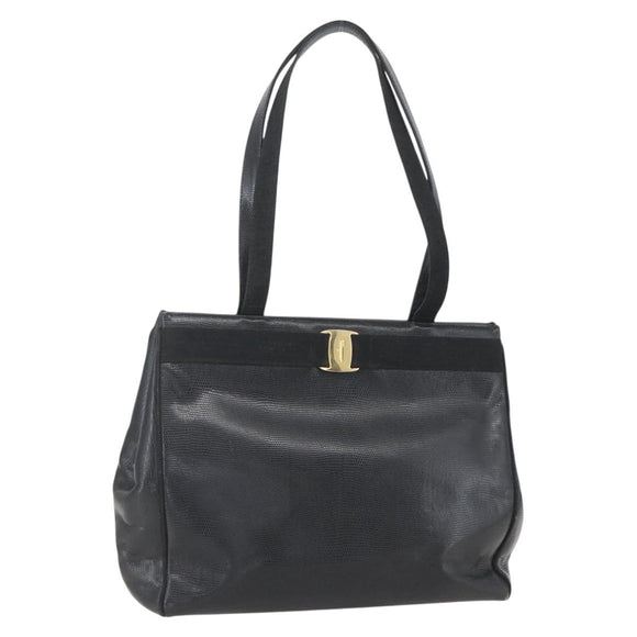 Salvatore Ferragamo Vala Tote Bag Leather Black Gold Auth am10419