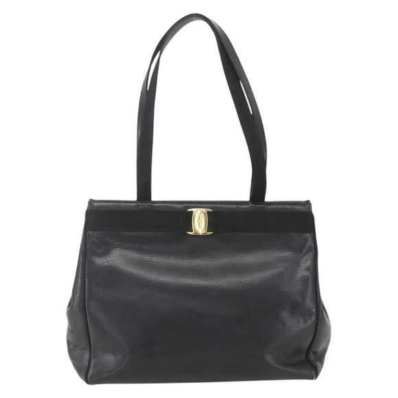 Salvatore Ferragamo Vala Tote Bag Leather Black Gold Auth am10419