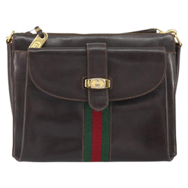 GUCCI Old Web Sherry Line Shoulder Bag Leather Brown Gold Red Auth am10444 - 0