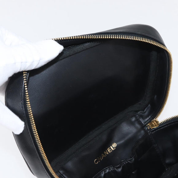 CHANEL Bicolore Vanity Hand Bag Lamb Skin Black Gold CC Auth am10451