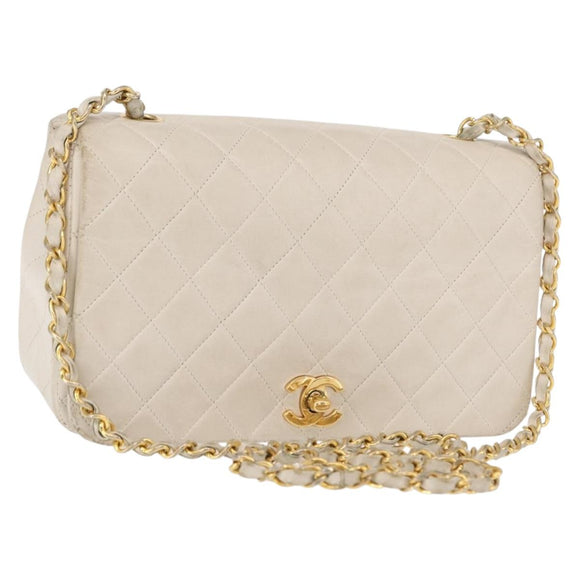 CHANEL Matelasse Turn Lock Chain Bag Lamb Skin White Gold CC Auth am10500