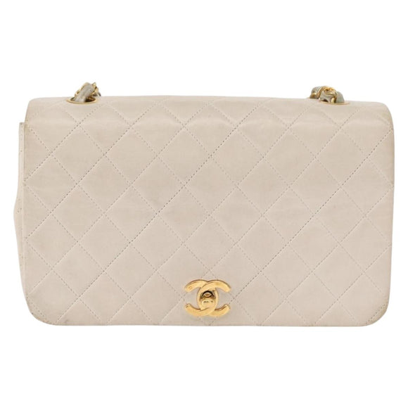 CHANEL Matelasse Turn Lock Chain Bag Lamb Skin White Gold CC Auth am10500