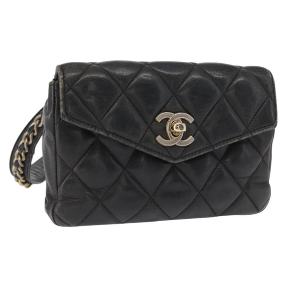 CHANEL Matelasse Waist bag Lamb Skin Black Gold CC Auth am10530