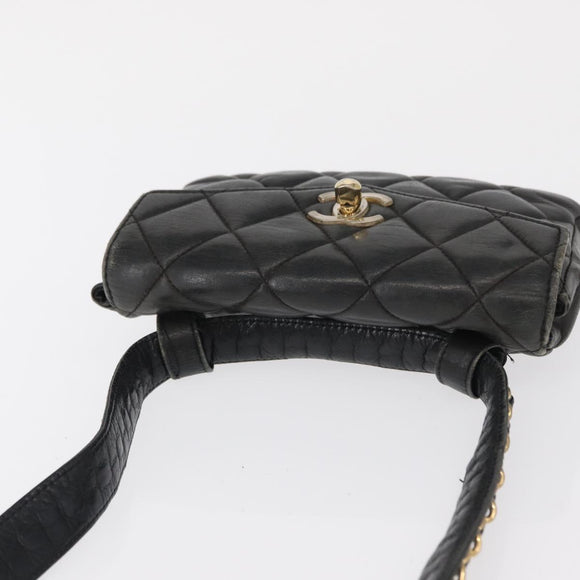 CHANEL Matelasse Waist bag Lamb Skin Black Gold CC Auth am10530