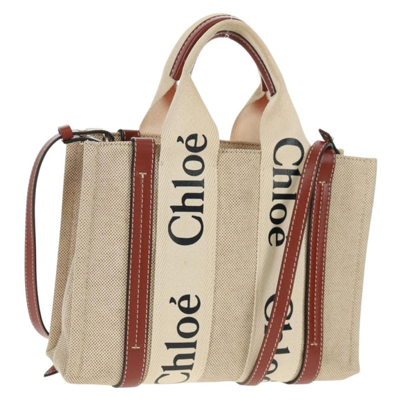 Chloe Woody Hand Bag Canvas 2way Beige Gold Auth am10533V