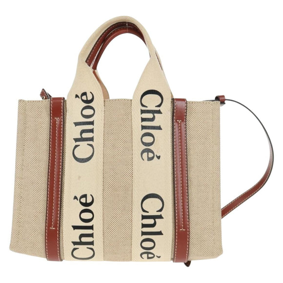 Chloe Woody Hand Bag Canvas 2way Beige Gold Auth am10533V