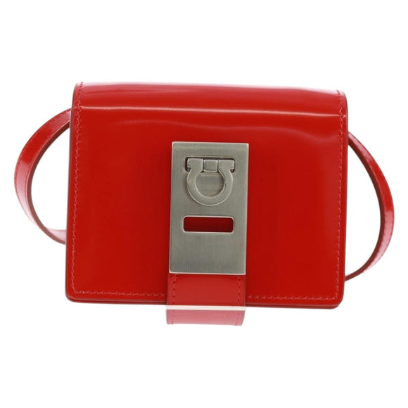 Salvatore Ferragamo Gancini Shoulder Pouch Bag Patent Red Silver Auth am10534M