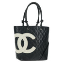 CHANEL Cambon Line Tote Bag Lamb Skin Black Silver CC Auth am10535V-1