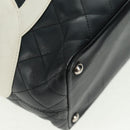 CHANEL Cambon Line Tote Bag Lamb Skin Black Silver CC Auth am10535V-10