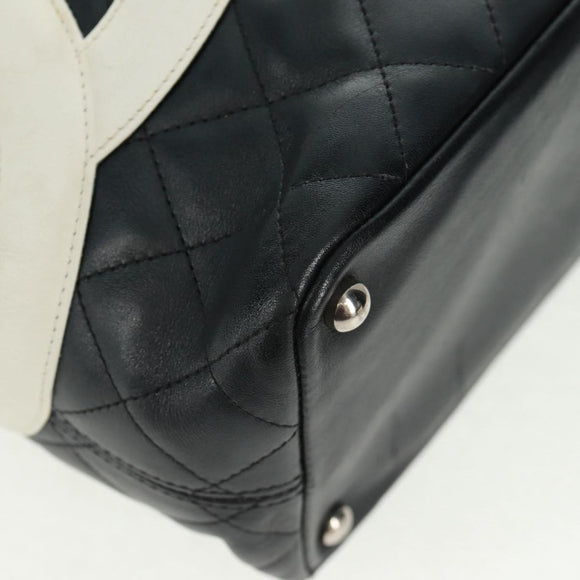 CHANEL Cambon Line Tote Bag Lamb Skin Black Silver CC Auth am10535V