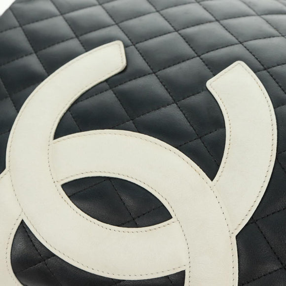 CHANEL Cambon Line Tote Bag Lamb Skin Black Silver CC Auth am10535V