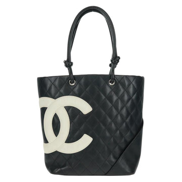 CHANEL Cambon Line Tote Bag Lamb Skin Black Silver CC Auth am10535V - 0