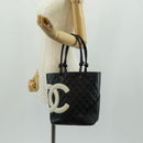 CHANEL Cambon Line Tote Bag Lamb Skin Black Silver CC Auth am10535V-25